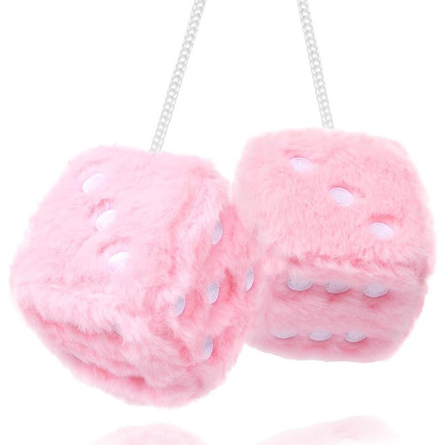 YGMONER Pink Fuzzy Dice for Car Rear View Mirror, Pair of 2.75" Plush Dice Retro Hanging Ornaments Car Interior Rearview Mirror Decor Accessories (Soft Pink with Embroidered Dots)