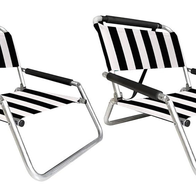 Neso Beach Chairs - Lightweight, Portable and Foldable Recliner Beach Chairs for Park, Camping and Outdoor Adventures - with Slip Pockets and Shoulder Strap - 2 Pack - Black/White Strips - Regular