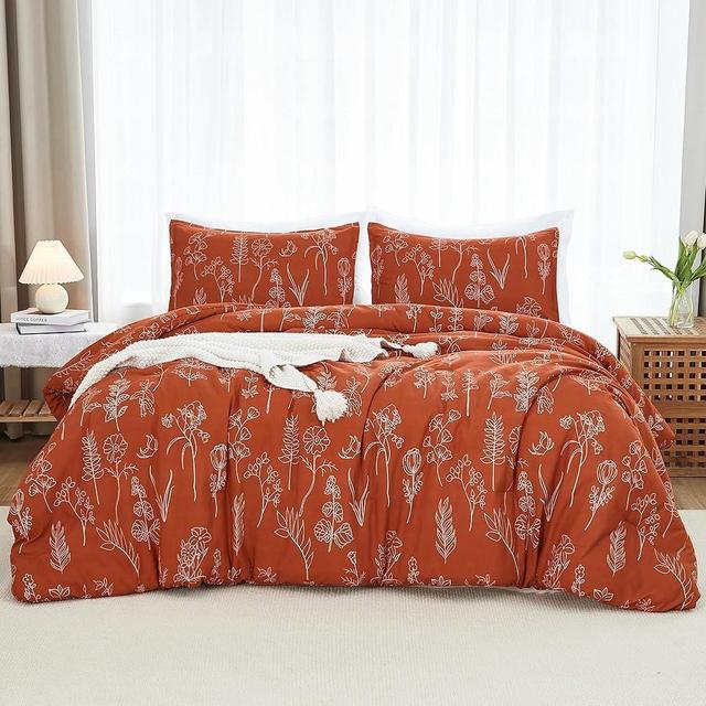 Litanika Terracotta King Size Comforter Set,3 Pieces Floral Forest Bedding Set Vintage Plant Flowers Printed Comforter Set,Soft Lightweight Comforter Set All Season(104x90In Comforter,2 Pillowcases)