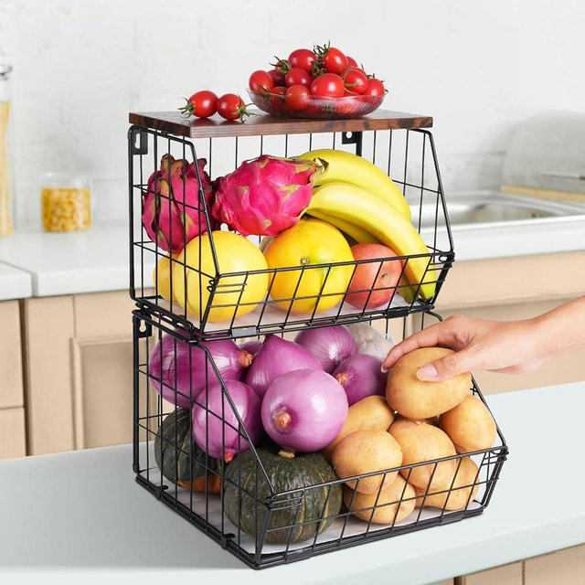 Wawocs 2 Tier Stackable Wall Mounted Hanging Basket, Fruit Basket for Kitchen Counter, Wire Baskets with Wood Lid, Onion Basket, Fruit and Vegetable Storage, Countertop Organizer