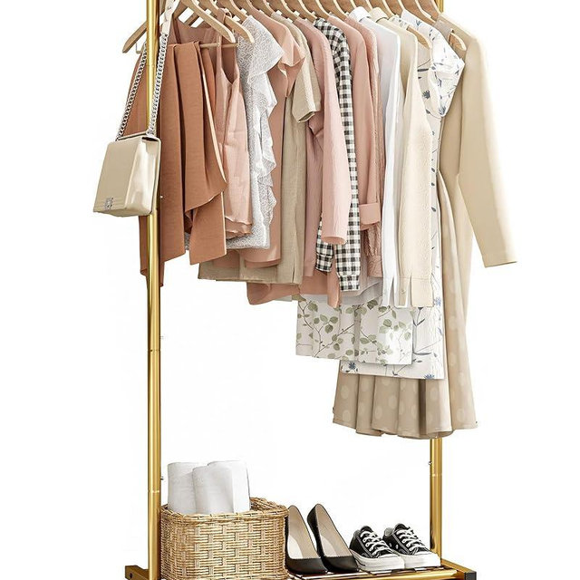 Sakugi Clothes Rack - Clothing Rack with Storage Mesh Shelf & Casters, Heavy-Duty Metal Clothing Rack for Hanging Clothes, Dresses, Coats, Large Load Capacity, Easy Assembly, Gold, 28.0"x14.0"x59.0"