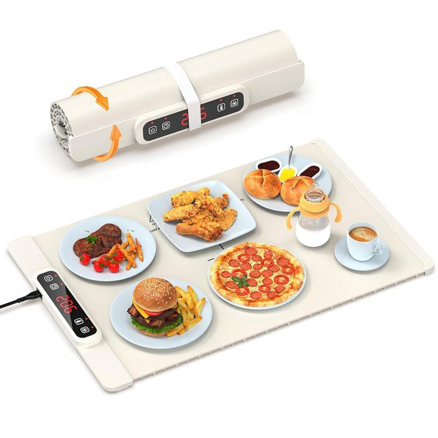 Warming Mat for Food, 5-Temp Electric Tray with Child Lock & Auto Shut-Off, Foldable Silicone Warmer for Baby Bottles, Baking, Travel, Buffets (15.7x23.6 Inch)