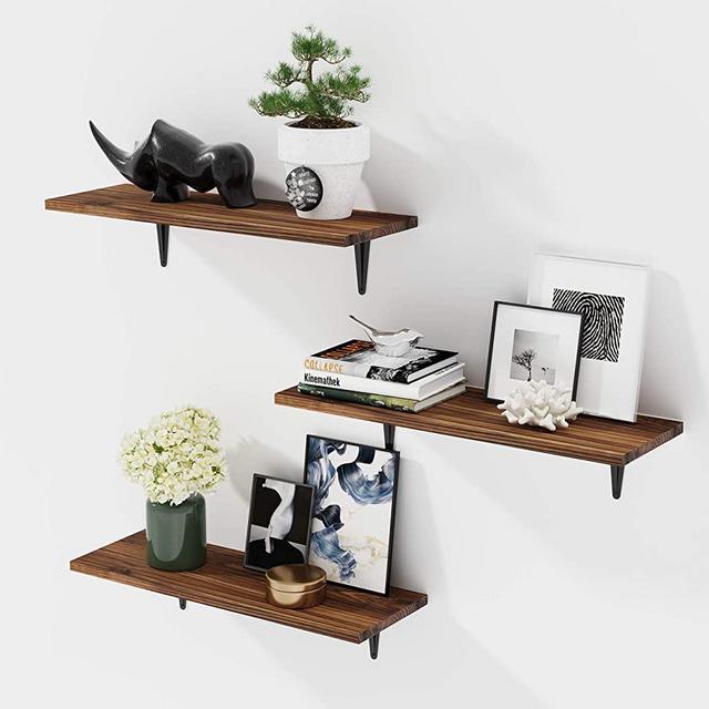 BAMEOS Floating Shelves, Rustic Wood Wall Storage Shelves, Wall Mounted Shelf Organizer Set of 3 for Living Room, Bedroom, Kitchen, Bathroom, Office