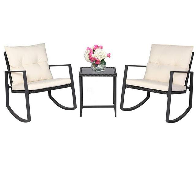 SUNCROWN Outdoor 3-Piece Rocking Bistro Set: Black Wicker Furniture-Two Chairs with Glass Coffee Table (Beige-White Cushion)