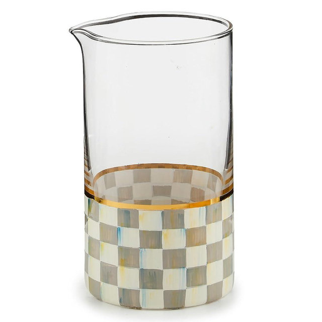 MACKENZIE-CHILDS Mixing Glass, Tall Cocktail Mixing Glass with Spout, Bar Accessory, 2.5 Cups, Gray-and-White Sterling Check