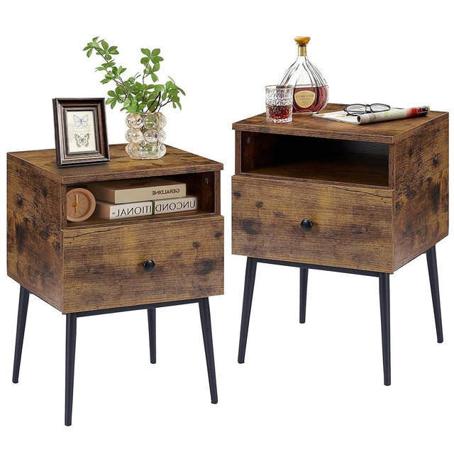 VECELO Modern, Square End Side Table with Drawer and Storage Space for Bedroom and Living Room, 2 Sets Nightstands, Antique Brown(set of 2)