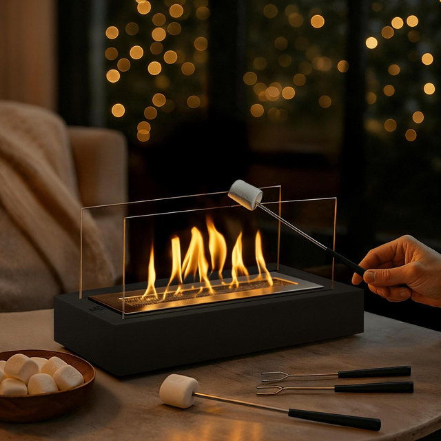 Modern Tabletop Fire Pit: 3-Hour Burn Wood & Metal | Modern Indoor/Outdoor Bio-Ethanol Fireplace Decor Gift | Includes 4 Roasting Sticks