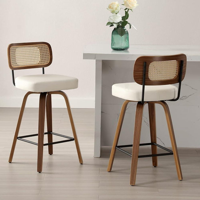 Bekrvio Swivel Counter Height Bar Stools Set of 2, Upholstered Faux Leather Barstools with Rattan Back, 26" Seat Height Bar Chairs for Kitchen Island, Bentwood Wood Frame, Cream White