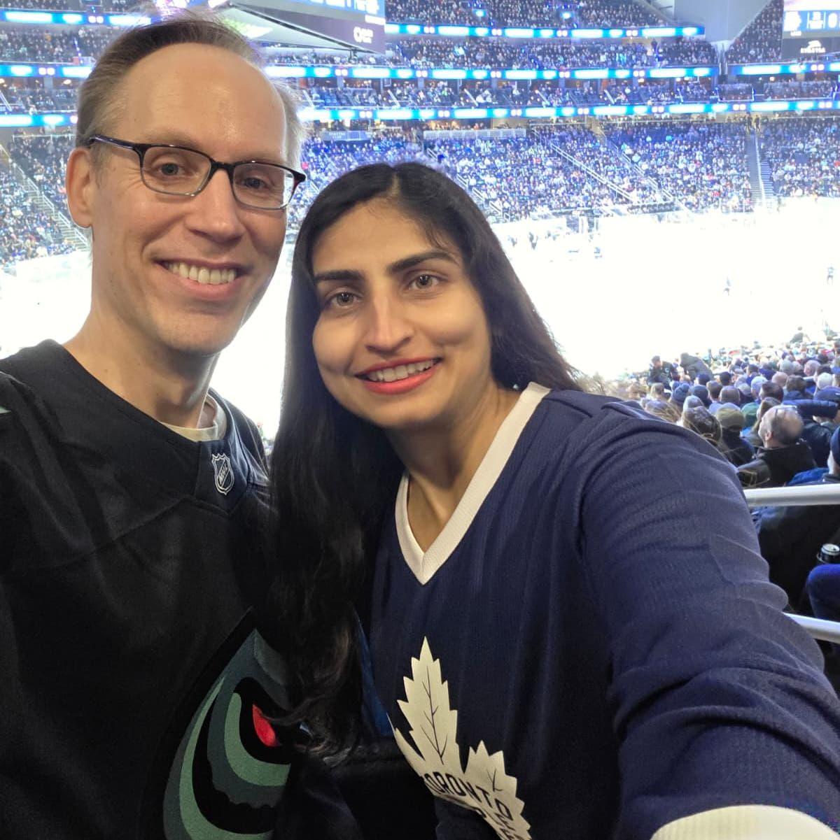 Our first NHL game together, Troy cheering on the Seattle Kraken while Aarica cheered on the Toronto Maple Leafs!