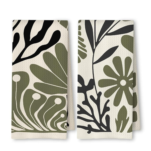 ArtisaEura Abstract Green and Black Boho Floral Kitchen Towels Set of 2, 70s Retro Groovy Botanical Dish Tea Towels for Kitchen Decor, Mid Century Modern Hand Towels for Bathroom Decor, 16x24 Inch