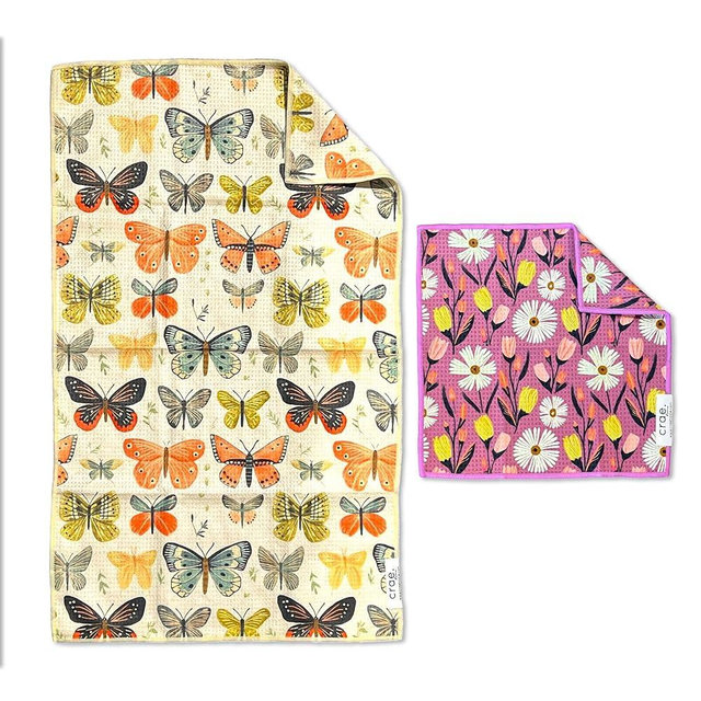 Microfiber Hand Towel & Washcloth Set of 2 - Double-Sided, Waffle Weave, Super Absorbent, Lint-Free, Fast Drying - for Bathroom, Kitchen, Car, and Window Cleaning (Wings & Flower Farm - Purple/Cream)
