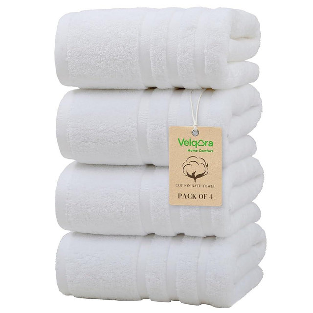 Velqora Bath Towel Set 4 Pack – 30×60 Large Cotton Towels, Soft, Thick & Highly Absorbent Bathroom Towels for Home, Spa, Gym (White, 30×60)