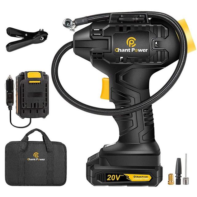 Tire Inflator Air Compressor, 20V Cordless Tire Pump with Digital Pressure Gauge, AUTO-OFF Function, 12V Car Power Adapter for Car Tires, Bicycle, Motorcycle, Balls, C P CHANTPOWER
