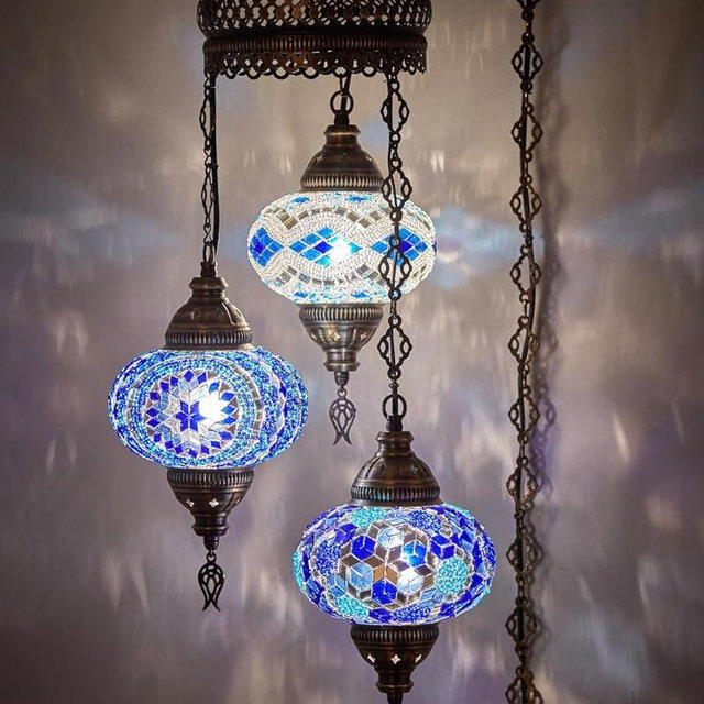 DEMMEX Plug-in Turkish Hanging Lamp, Handmade Moroccan Mosaic Chandelier Pendant Light Fixture with 15-ft Cord & Chain, Decorative Ceiling Lamp for Living Room, Bedroom, 3 Large 7'' Globes, 3.5 ft.