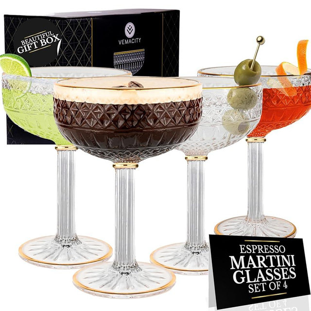VEMACITY Embossed Espresso Martini Glasses set of 4 with Gold Rims | Beautiful Patterned Coupe Glasses Set of 4 (10oz) | Versatile Champagne, Cosmopolitan, Margarita, Coupe Martini Glassware.