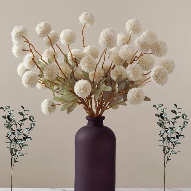Faux Kiku Flower White - 10 Stems & Eucalyptus Stems 2 Branches, Fake Small Mini Chrysanthemum Flowers, Realistic Artificial Pom Pom Balls for Aesthetic Room Decor, Floral Arrangements Centerpiece