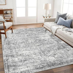 CHAMPLANT Area Rug 6x9 Washable Rug Gray Vintage Traditional Floor Cover Thin Rug Retro Kitchen Indoor Distressed Non Slip Carpet Floral Print Mat Living Room Bedroom Dining Room