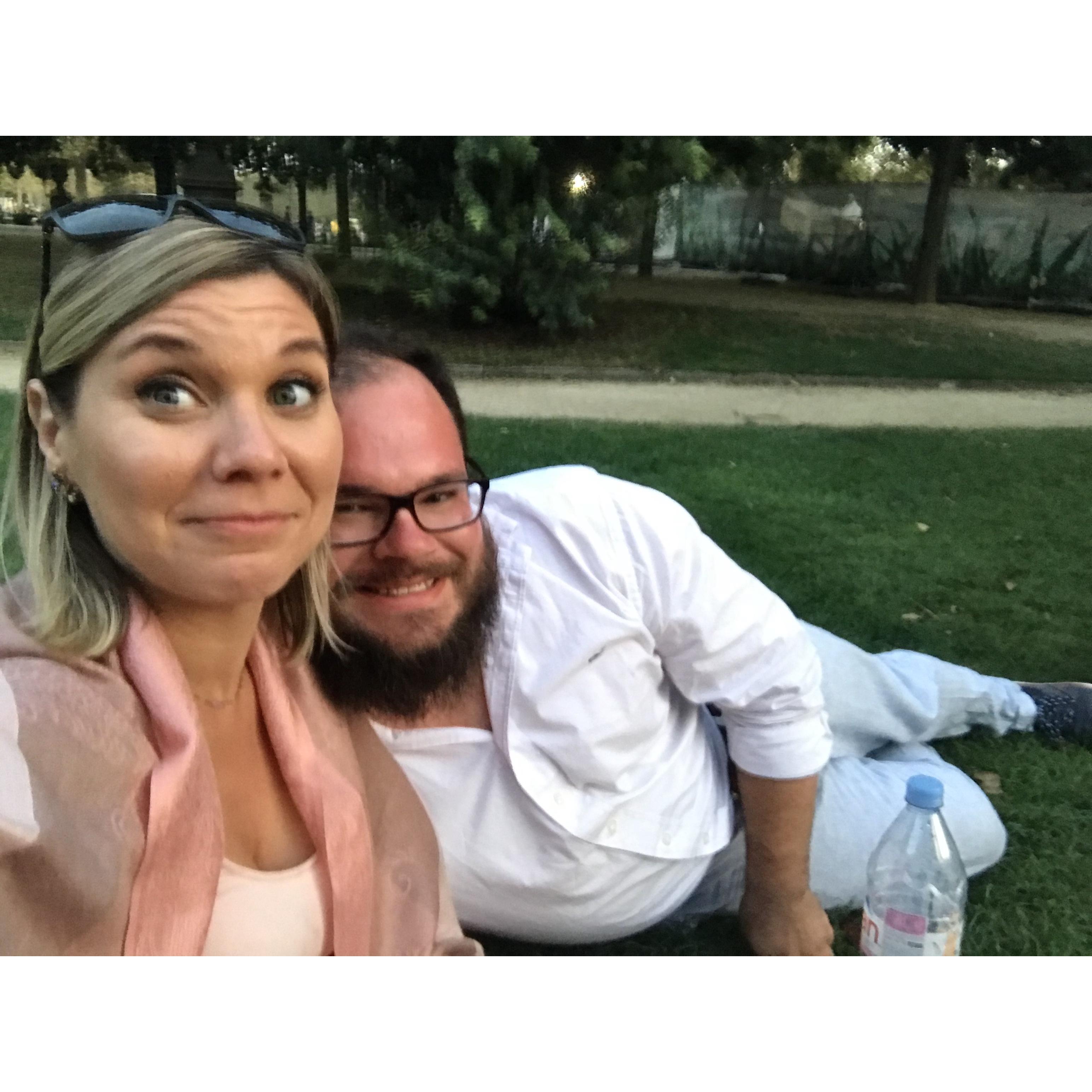 Wine and cheese in front of the Eiffel Tower