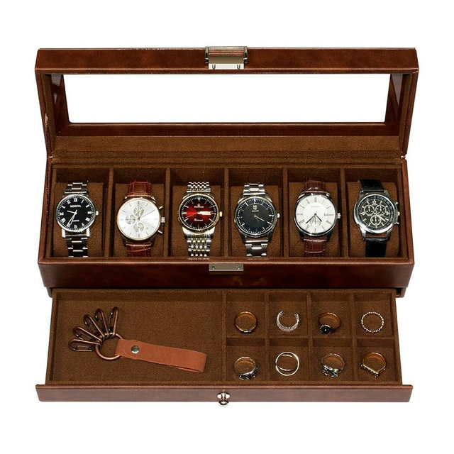 GLOBAL KA Watch Box, 6 Compartment Watch Display Box with Drawers, Men's Watch Box with Glass Lid, 2 Tier Jewelry and Watch Organizer, Unisex Watch Rack Organizer