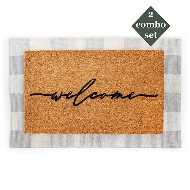 Layered Outdoor Welcome Mat Set - Coconut Coir (18-inch x 30-inch) and Woven Doormat (24-inch x 35-inch) Combo Inside or Outside Pet Friendly Rug for Entry Porch, Deck, Patio, or Mudroom (Gray Check)