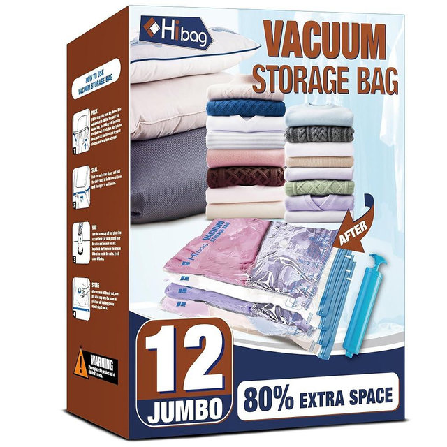 HIBAG Vacuum Storage Bags, 12 Jumbo Vacuum Seal Bags for Clothing, Space Bags for Clothes, Comforters, Blankets, Bedding (12J)