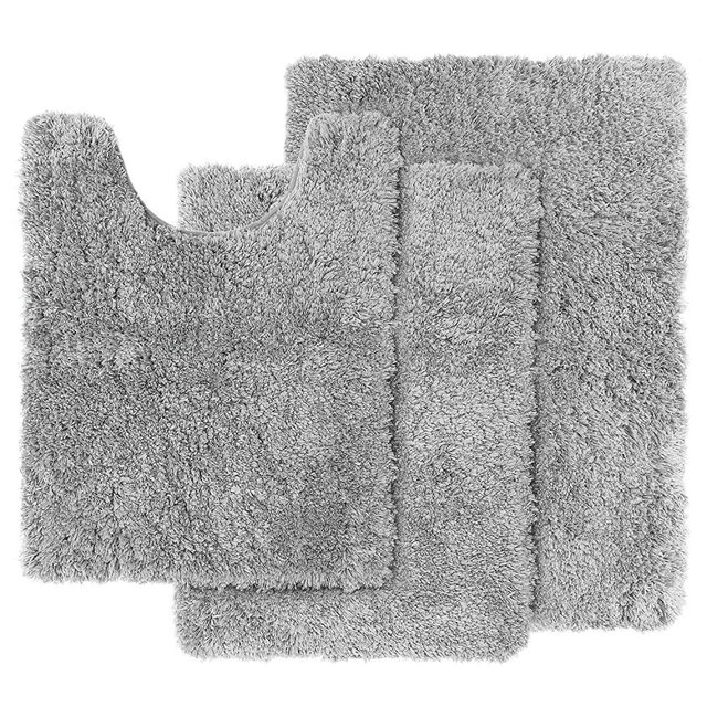 Clara Clark Shaggy Bath Rug with Non-Slip Backing Rubber Super Soft Bathmat-3 Piece Set, Silver