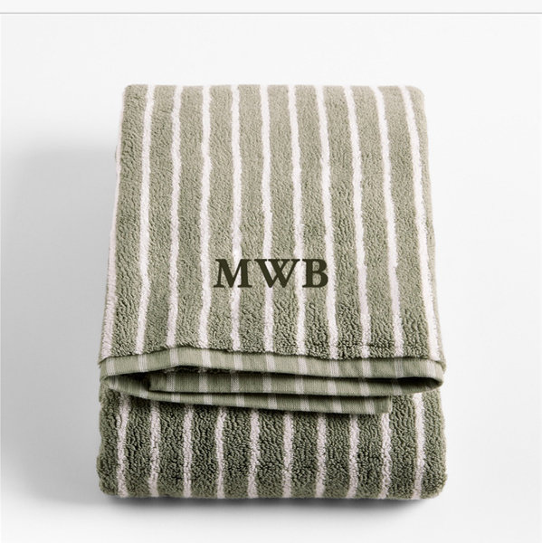Personalized Organic Turkish Cotton Shadow Sage and Pampas Ivory Stripe Bath Towel