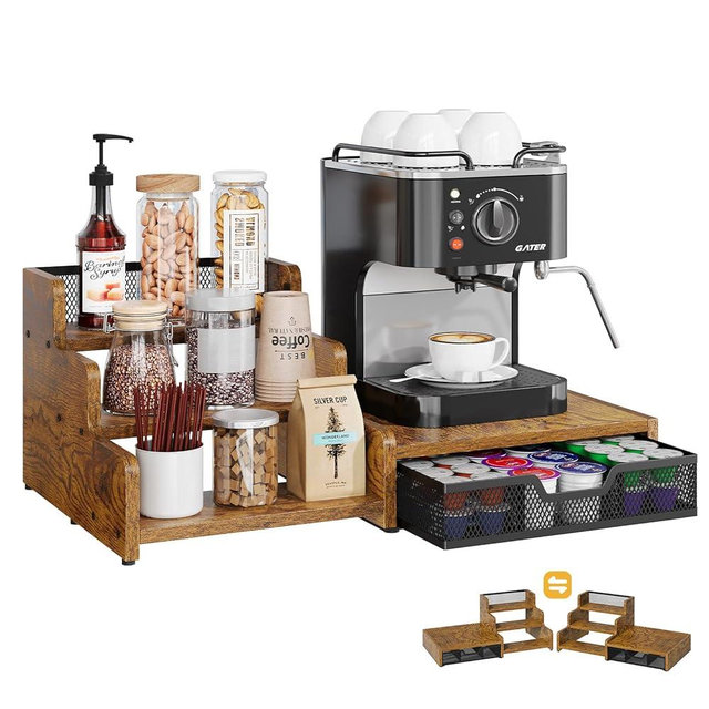 Bliesosfud Coffee Station Organizer with K Cup Holder, 28 Pod Capacity,3-Tier Syrup Rack with Coffee Pod Holder Drawer, Coffee Bar organizer Countertop for Accessories,Rustic Brown