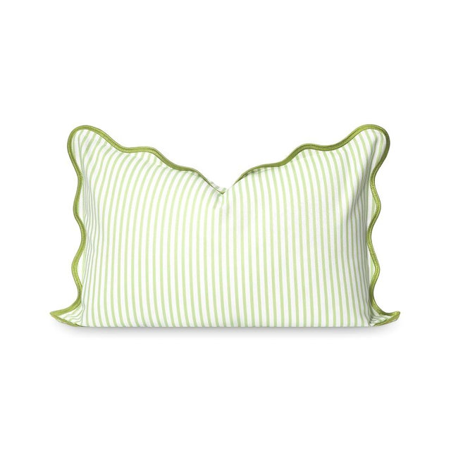 Hofdeco Premium Coastal Patio Indoor Outdoor Scalloped Lumbar Pillow Cover Only, 12"x20" Water Repellent for Backyard, Couch, Green Print Stripes