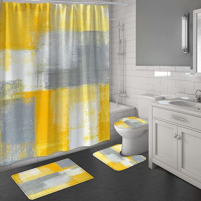 MitoVilla 4 Pcs Yellow Ombre Shower Curtain Sets with Rugs for Bathroom Decor, Gold Grey Bathroom Sets with Shower Curtain and Rugs and Accessories, Mustard Grunge Bathroom Curtain Set with Mats