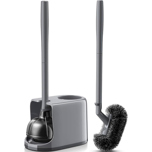 HAMITOR Toilet Plunger and Brush Set for Bathroom Cleaning with Extented Handle - Heavy Duty Toilet Plunger Combo Accessories with Caddy Stand Holder for Small Space - Gray
