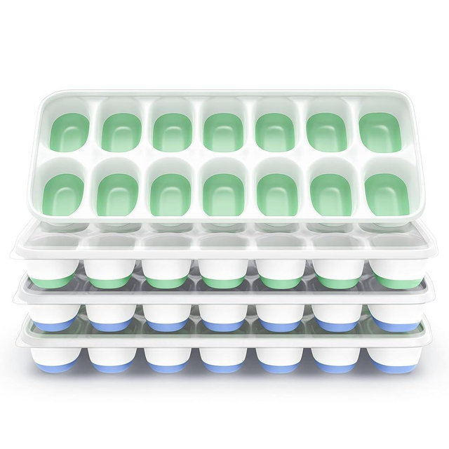 ChefAide Ice Cube Tray with Lid, 4 Packs 56 Cubes Durable Stackable Ice Cube Trays for Freezer with Removable Lids, Easy-Release Plastic & Silicone Ice Tray for Cocktail, Coffee