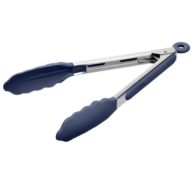 Doosu Kitchen Tongs for Cooking - 600°F Heat Resistant Food Tong with Non-Scratch Silicone Tips, Heavy Duty Stainless Steel Locking Tong for BBQ, Grilling Steak, Serving Salad Pasta (9in, Navy Blue)