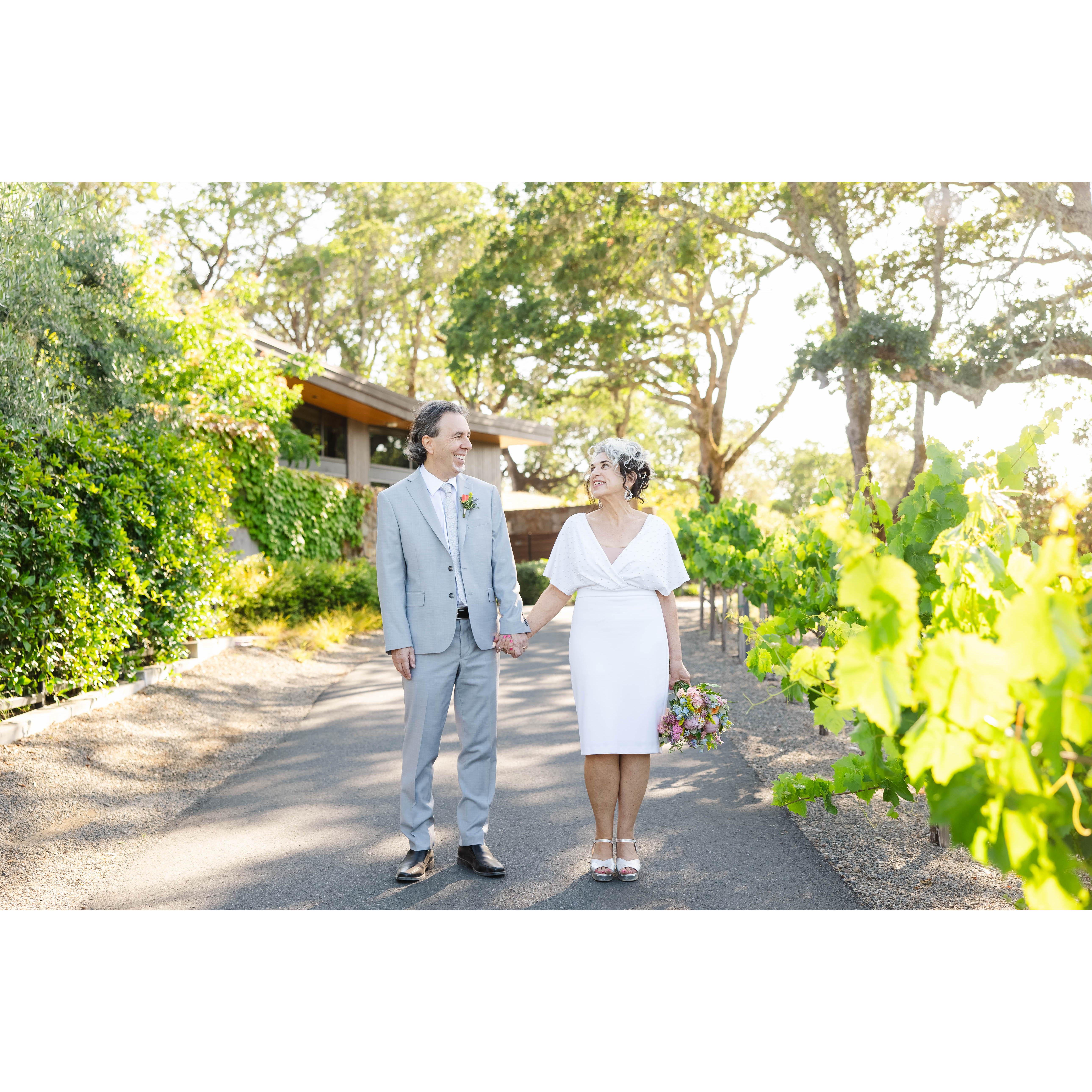 The newlyweds stroll the grounds at Montage