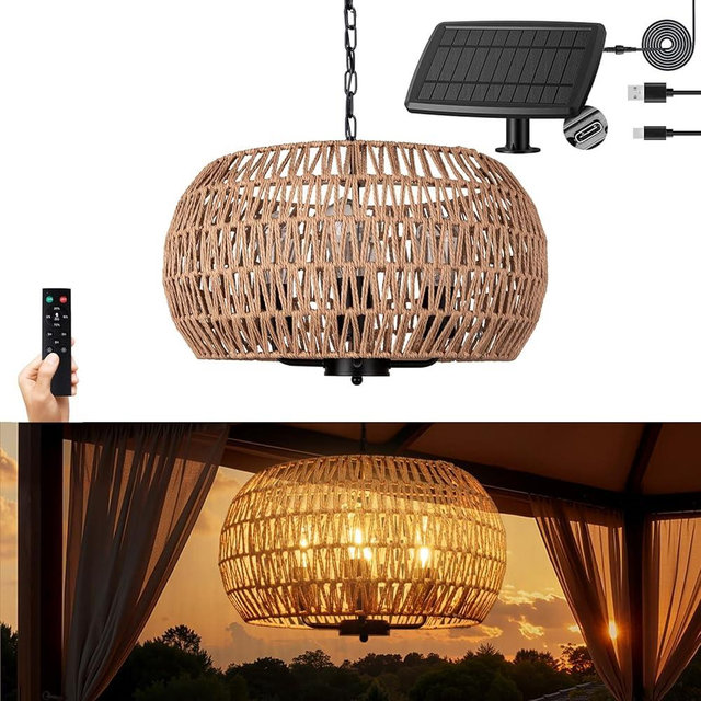 ALL FORTUNE Outdoor Solar Chandelier, 4-Light 19" Rattan Outdoor Chandelier, Hanging Pendant Lights, Waterproof, for Gazebo, Pergola, Porch, Patio