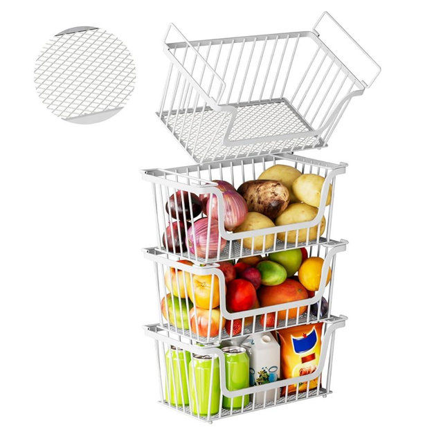 Enhanced Leak-Proof Bottom Stackable Wire Baskets, 4 Pack Pantry Organizers and Storage, Pantry Storage，Shelf Baskets, Fruit Basket, Potato and Onion Storage Bins，(White)
