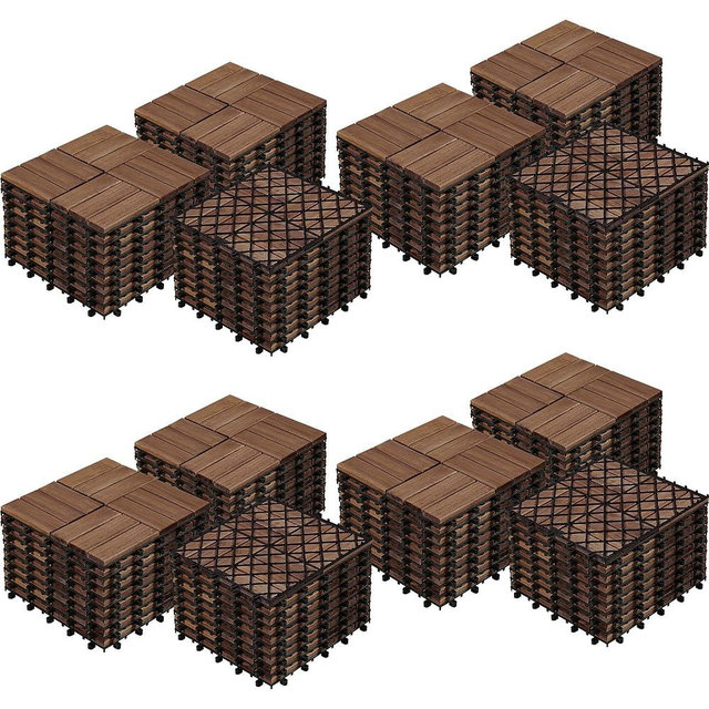 Yaheetech 108pcs Hardwood Interlocking Patio Deck Tiles Acacia Waterproof Wood Flooring Tiles for Patio Garden Poolside, 12'' x12'' Indoor Outdoor Use All Weather, Brown