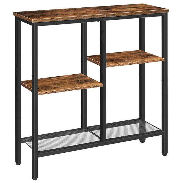 HOOBRO Console Table, Narrow Side Table, Sofa Table, 4-Tier Industrial Hallway Table with Metal Mesh Shelf and Adjustable Feet, for Entryway, Living Room, Hallway, Rustic Brown and Black BF79XG01