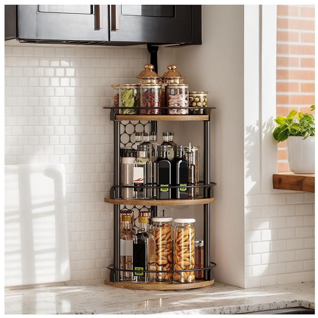 GSHUR 3 Tier Wood Lazy Susan Organizer, 360° Rotating Spice Rack, Spice Turntable Organizer, Industrial Turntable Spice Holder, for Kitchen Countertop and Cabinet