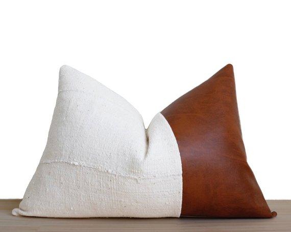 Mudcloth and Faux Leather Pillow Covers | Assorted Colors | Lumbar | 'Indi'