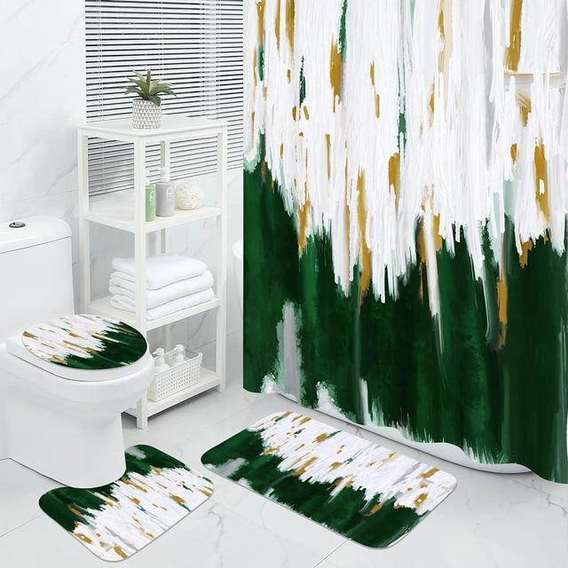 MitoVilla 4 Pcs Emerald Green Bathroom Sets with Shower Curtain and Rugs, Oil Painting Shower Curtain Sets with Rugs for Bathroom Decor, Abstract Bathroom Decor Curtain Sets with Mats and Accessories