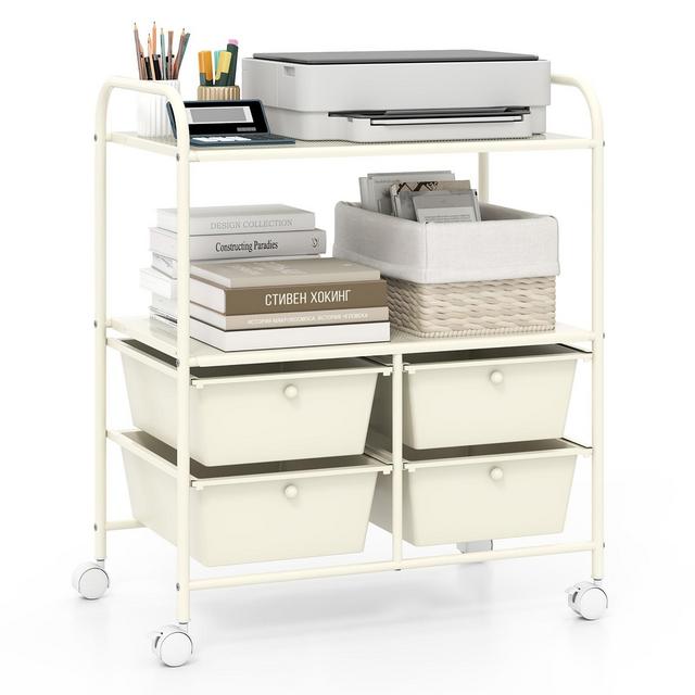Tangkula 4-Drawer Rolling Storage Cart with 2 Shelves Mobile Utility Cart with Removable Drawers and Metal Frame with Lockable Wheels White