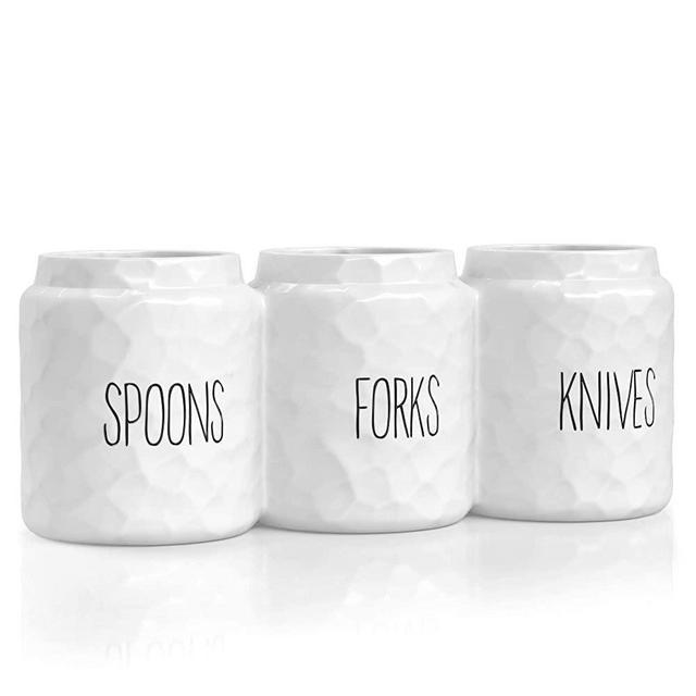 Barnyard Designs Fork Spoon Knife Flatware Holder, Countertop Silverware Organizer, Cutlery Utensil Caddy for Kitchen, Picnic or Parties, White, Set of 3, 12.5” x 4.25” x 5”