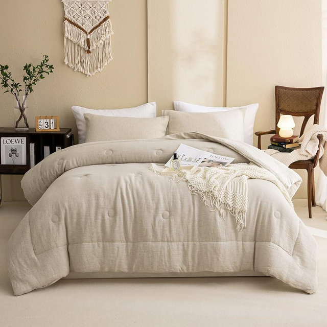 Merryword 100% Linen Comforter Set Queen Natural French Flax Linen Bedding Comforter Set Soft Breathable Moisture Wicking Comfy Bedding 3 Pieces (Linen, Queen)