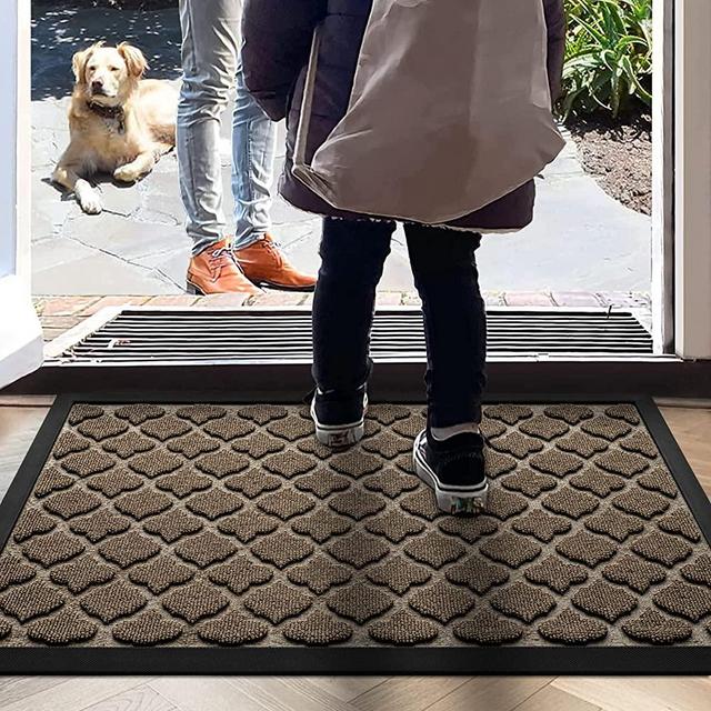 DEXI Outdoor Mat Front Door Indoor Entrance Doormat,Small Heavy Duty Rubber Outside Floor Rug for Entryway Patio Waterproof Low-Profile,17"x29",Brown