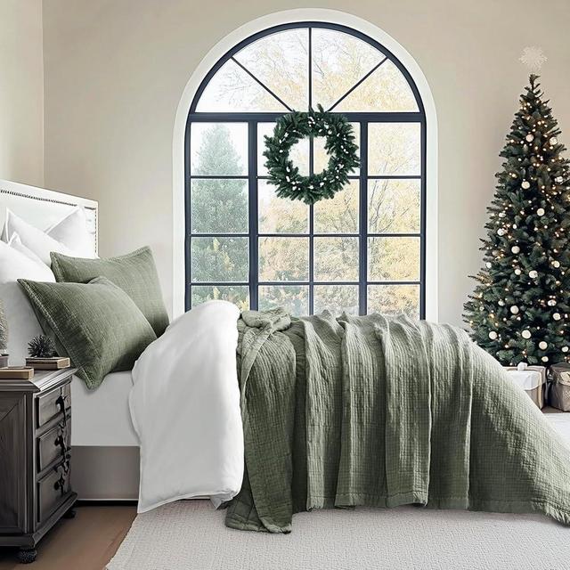 EVERGRACEHOME Stonewashed Cotton Quilt Set King Size, Ultra Soft Oversized Bedspread Coverlet Set, Lightweight Crinkle Box Stitch Bedding Sets for All Season, with 2 Matching Shams, Olive Green