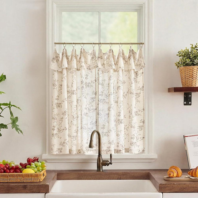 jinchan Floral Linen Kitchen Curtains with Attached Valance 36 Inch Length Farmhouse Cafe Tier Curtains for Living Room Bathroom Rustic Half Window Light Filtering Small Drapes 2 Panels Taupe