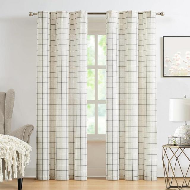 Amzdecor Stripes Buffalo Plaid Window Curtains,Light Filtering Curtain Woven Lines Pattern Drapes for Living Room and Bedroom, Rod Pocket Modern Farmhouse Style 2 Panels 40"x84"x2,Beige&Black.