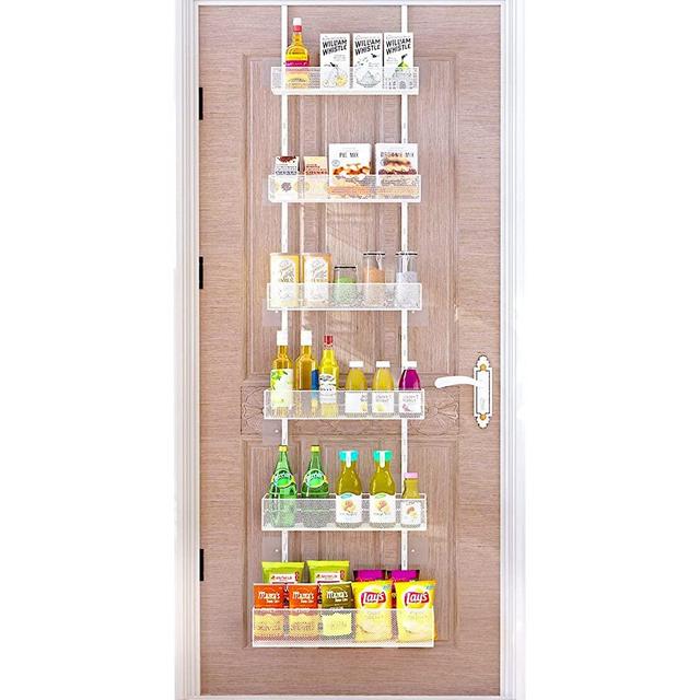 Over the Door Pantry Organizer Rack, 6-Tier Mesh Basket Hanging Storage Unit Wall Mounted Behind the Door Storage Organizer Spice Rack for Kitchen, Bathroom, Bedroom, Storage Room (White)