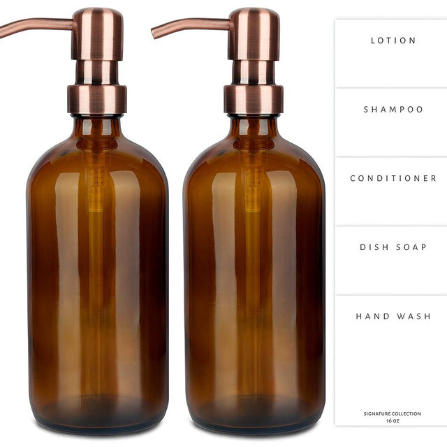 Emerson Soap Dispenser, Dish Soap Dispenser for Kitchen, Soap Dispenser Bathroom Set, Hand Soap Dispenser, Kitchen Soap Dispenser Set, Glass Soap Dispenser with Pump and Labels - 16 Oz - 2 Pack